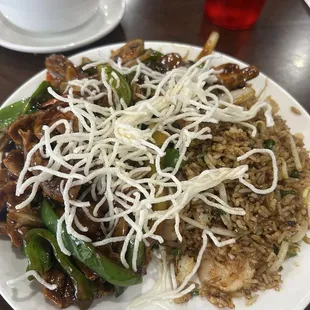 Shrimp fried rice and schezuan beef