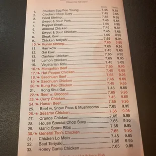 the menu of the restaurant