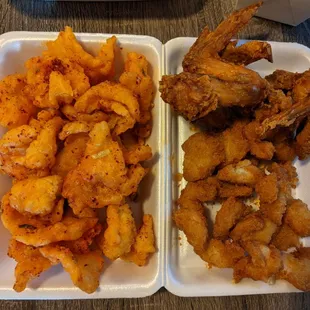 Crispy Hot and Spicy Fish on the left, and Fried Chicken Wings/Fried Baby Shrimp on the right. All 3 dishes are on point!