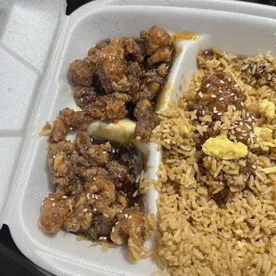 rice, meat, and vegetables in a styrofoam container