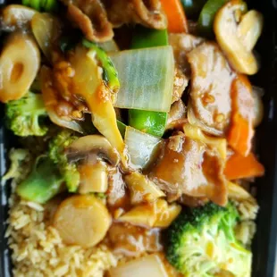 Garlic beef and fried rice.