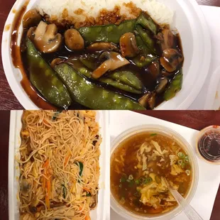 Snow peas with mushrooms, Thailand Mei fun and hot &amp; sour with egg drop soup