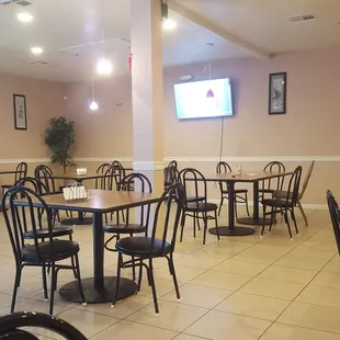 tables and chairs in a restaurant