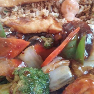 Triple threat:Chicken, beef, and shrimp in a brown sauce