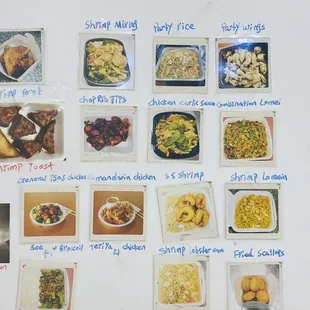 a variety of food items displayed on a whiteboard