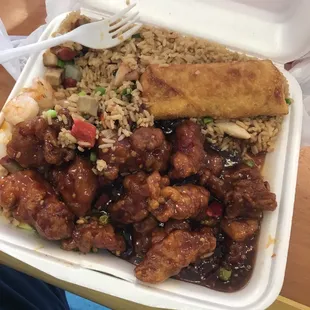 chicken and rice in a styrofoam container