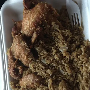 Lunch special fried chicken with fried rice.