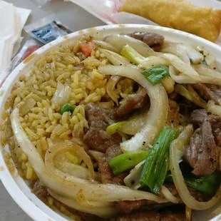 Mongolian Beef (medium heat) lunch combo w/ egg roll $5.50