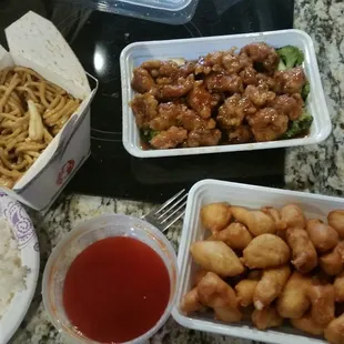 Sweet and sour chicken, General Tso's chicken and chicken lo mein.