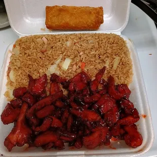 Pork fried rice with extra onions, boneless spare ribs and cabbage egg roll