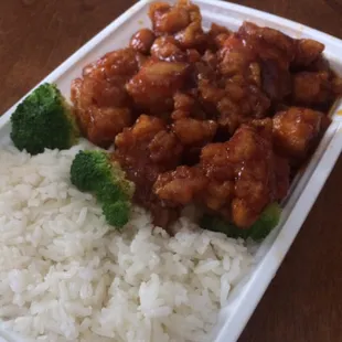 C17 General Tso&apos;s combination with white rice (also comes with an egg roll).