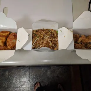 Fried pot stickers, fried rice and chicken wings