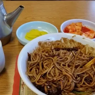 Jjajangmyeon! With traditional pickled radish and kkakdugi