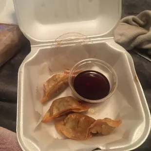 dumplings in a styrofoam container