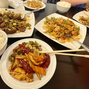 Kung pao beef, Sichuan chicken, and beef lo mein.