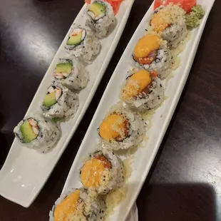 Shrimp avocado roll and spicy salmon roll