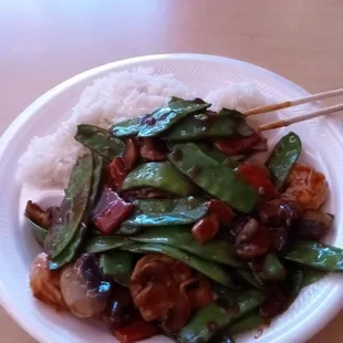 Shrimp and Snow peas.