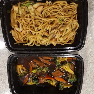 Chicken Lo Mein, Beef and Broccoli.