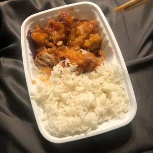 Food is very average. The container doesn't allow for me to mix my rice with the chicken. Not bad, just wouldn't be my first choice