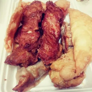 The Happy Platter (2 of each) terkayki chicken, chicken wings, dumblings, egg roll, fried wonton, fried Jumbo shrimp, Crab Rangoon