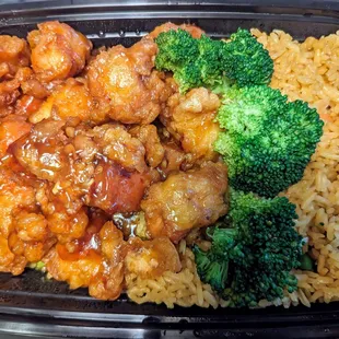 General Tso&apos;s chicken was a bit blander than expected. It was served with fresh broccoli and fried rice.