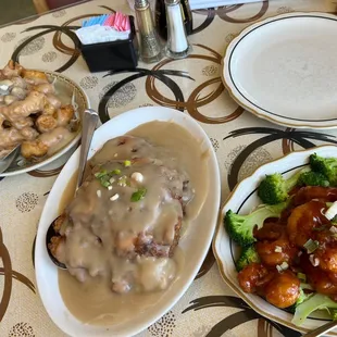 Boneless chicken, egg foo young, house special shrimp