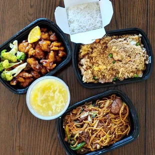 Orange Chicken, Combination Fried Rice, Beef Lo Mein, Egg Drop Soup
