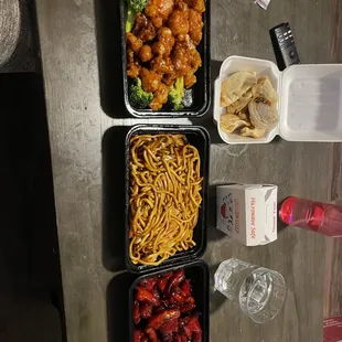 Orange Flavored Chicken, Chicken Lo Mein, Fried Dumplings, and Boneless Spare Ribs with a side of White Rice