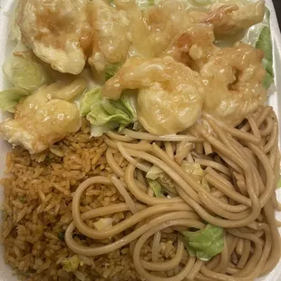 Honey shrimp with half lo mein and half fried rice