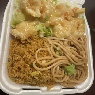 Honey shrimp with half lo mein and half fried rice