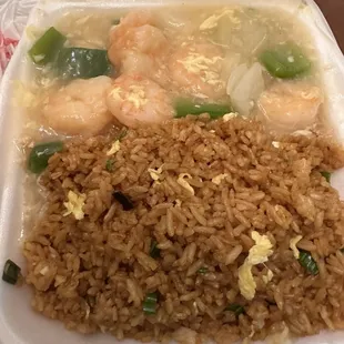 Shrimp with lobster sauce dinner special with fried rice.