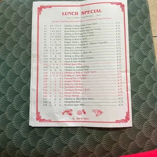 a menu for lunch special