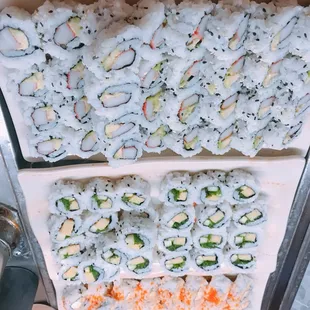 a variety of sushi rolls