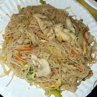 Chicken Mei Fun.  Cantonese Noodles With Celery, Onion, Carrot And Napa Cabbage.  It's Delicious!  A Quart Makes 3 Meals For About $11.