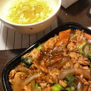 Egg drop soup and Mongolian Chicken dish.