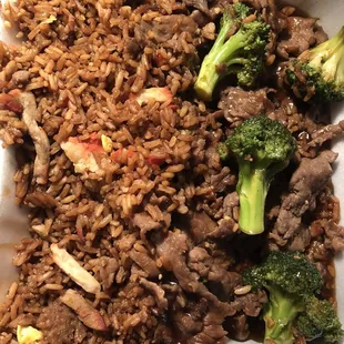 beef and rice with broccoli in a styrofoam container