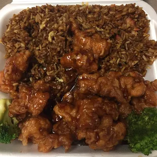 General Tso chicken and pork fried rice