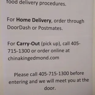 a sign stating customers that the delivery process is open
