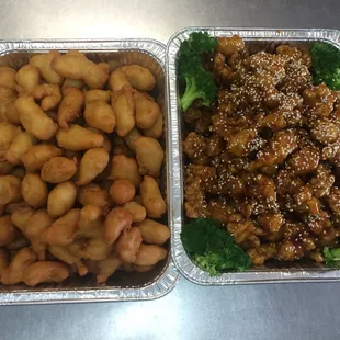 Sweet &amp; Sour Chicken (left), &amp; Sesame Chicken (right). 1/2 Size Foil Steam Table Pan