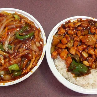 Chicken in garlic sause on the left and Kung Pao chicken.