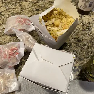 Chicken fried rice.  Packed into the box.  Needed some soy sauce.