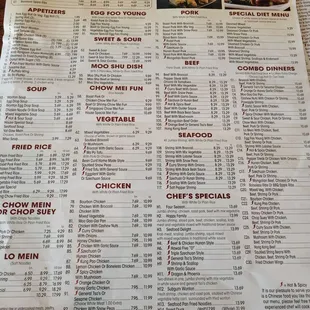 the menu of a chinese restaurant