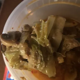 A quart of soggy cabbage and mushrooms... not what hot &amp; sour soup should be!  No meat, no egg, no Chinese vegetables...