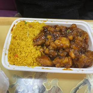 General Tso's Chicken* dinner special with fried rice and egg roll - not pictured. (not very spicy)