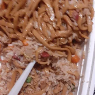 noodles and meat in a container