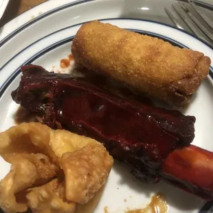 Egg-roll, barbecue ribs ,crap puff