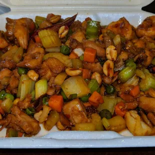 Kung Pao chicken and shrimp, asked for light sauce.  Good, would get again. Tender chicken &amp; large shrimp. Interesting veggies, but liked it