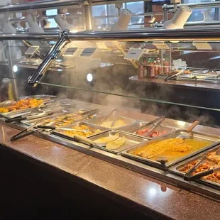 a buffet full of food
