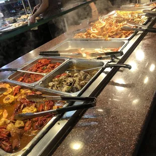 Crawfish, clam, crab legs, shrimps, fish