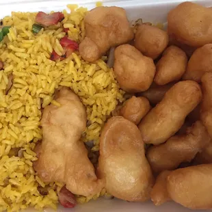 Pork fried rice and sweet and sour chicken